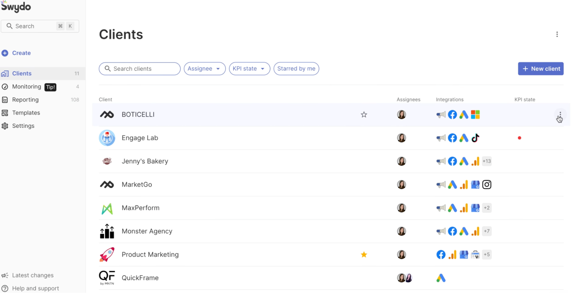 Swydo Clients Management - Clients management interface with search, filters, and a list of clients.