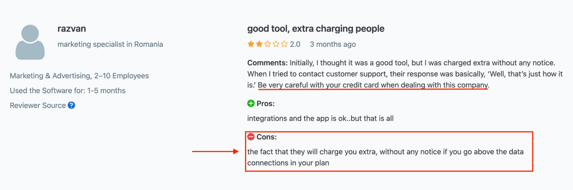 Swydo Con On Capterra - Review from a customer named Razvan, highlighted cons about extra charges.