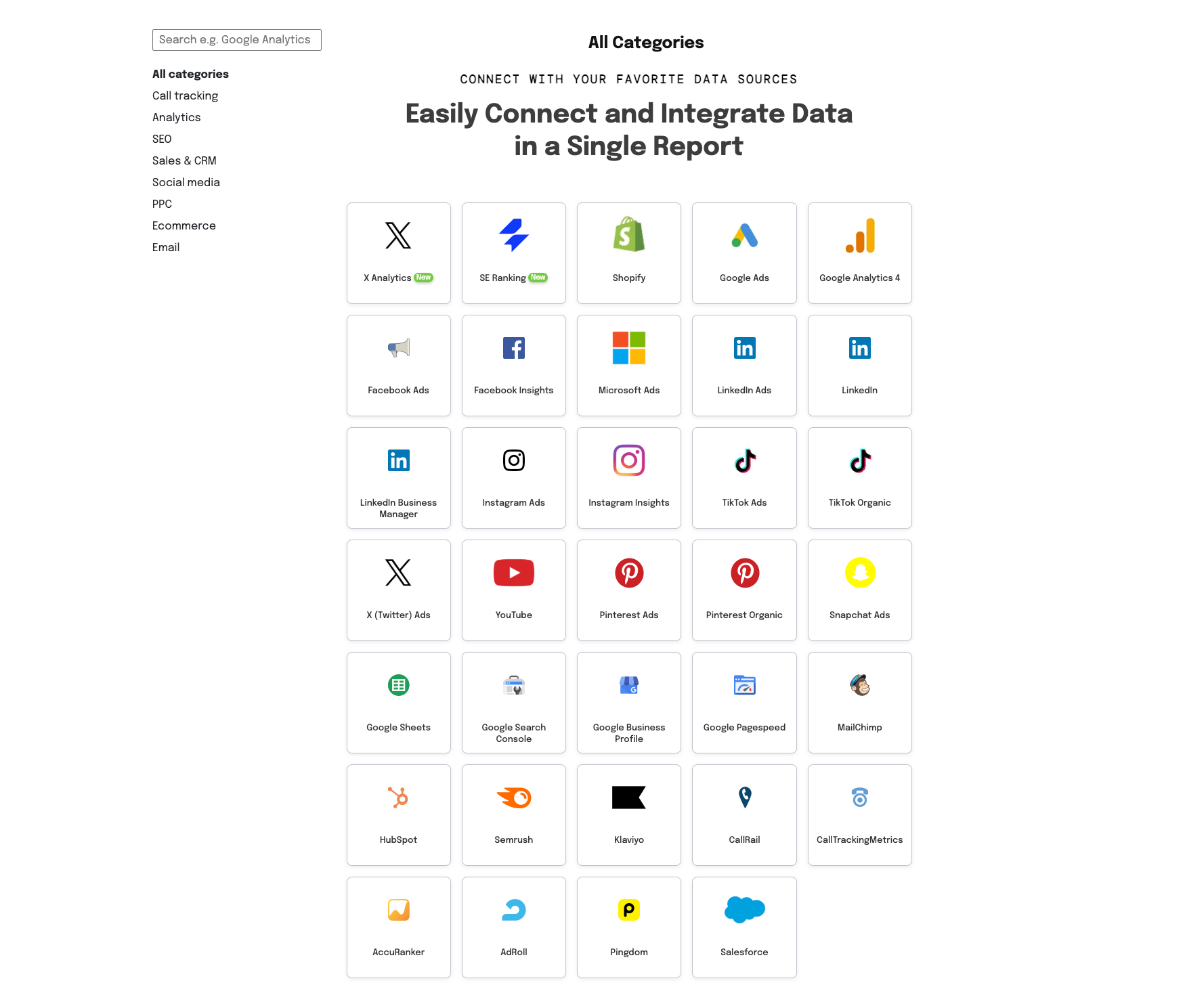 Swydo Integrations - Data integration platform featuring logos of multiple advertising and analytics services.