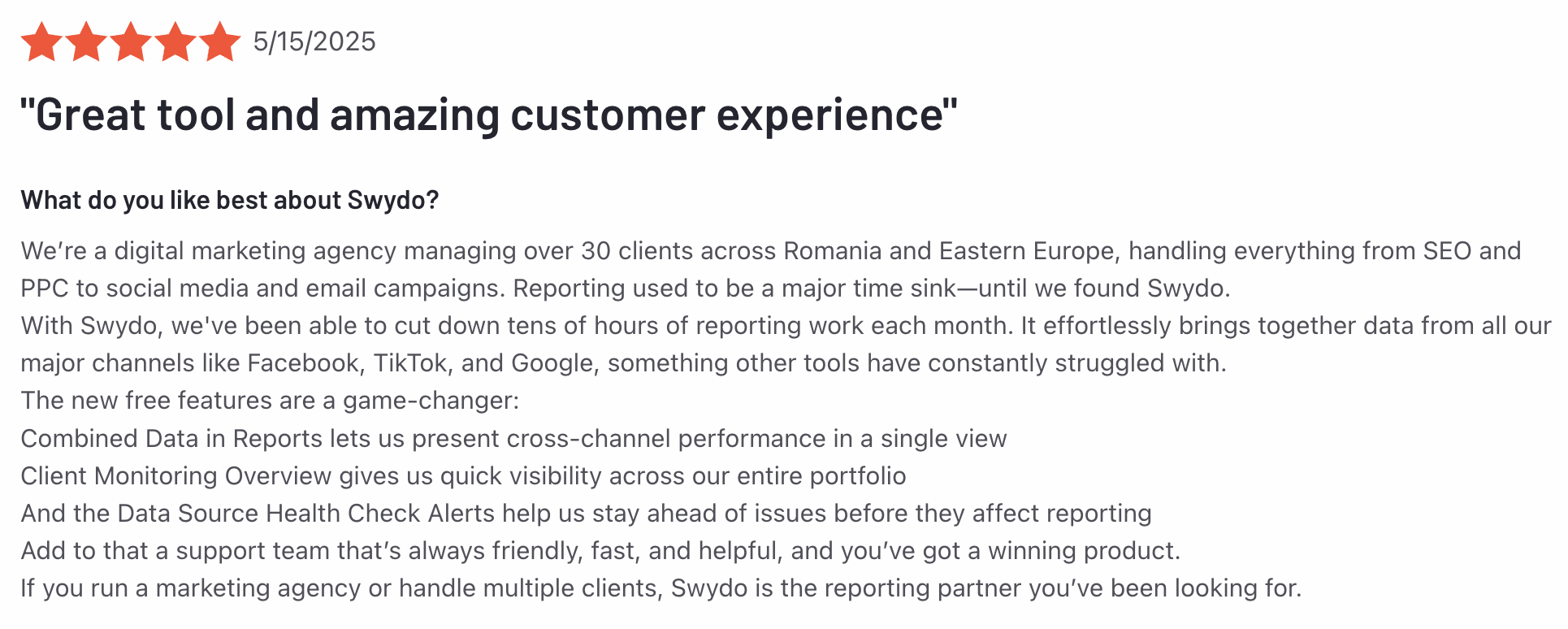 Swydo Positive Review - Customer testimonial with star rating and written feedback.