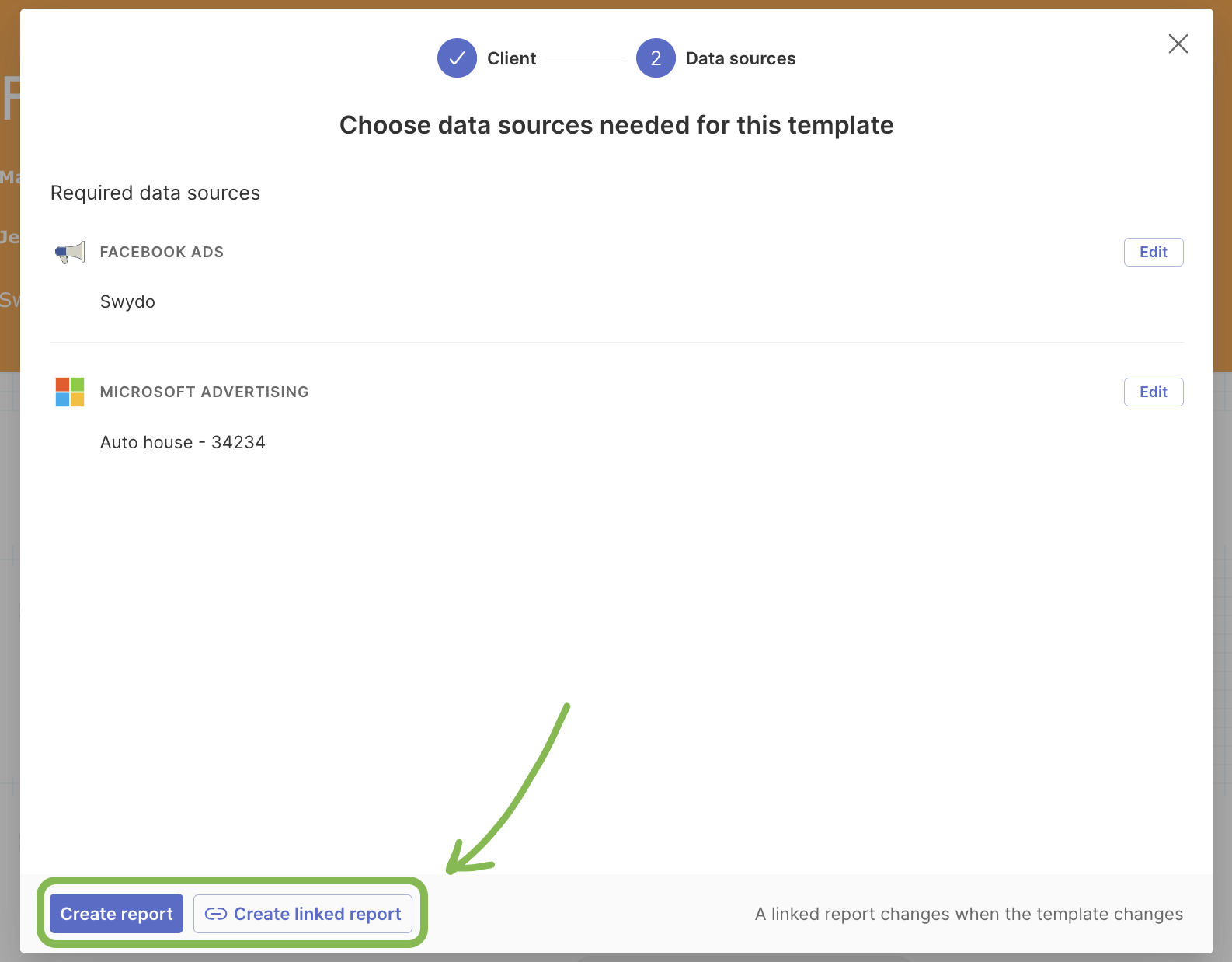 Swydo report editor - A report editor interface with data source options.