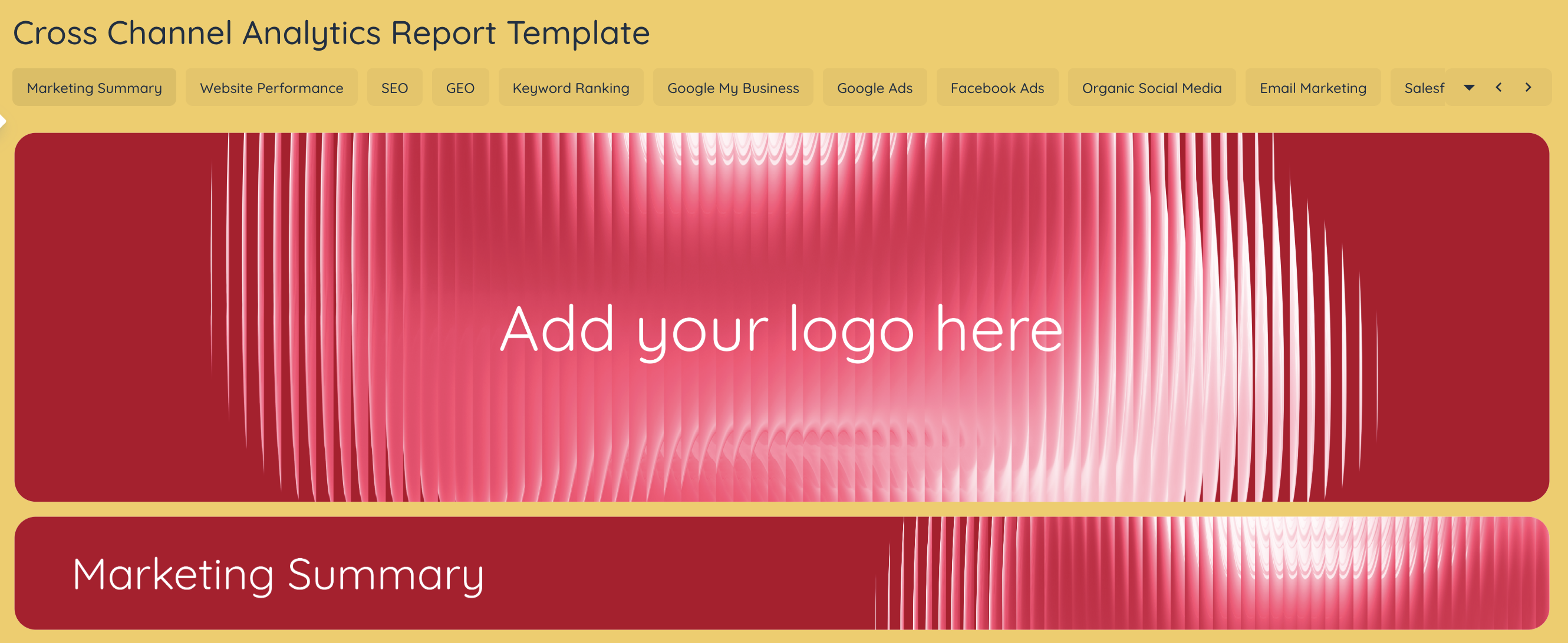 Tabs - Cross channel analytics report template - A report template on a yellow background