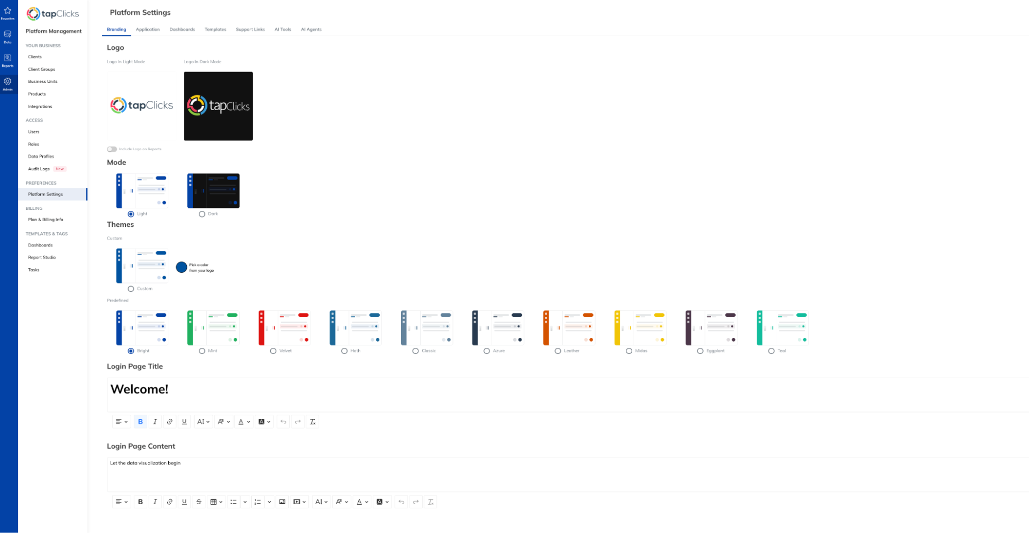 TapClicks Branding And Customization - Platform Settings screen with logo, mode, and themes options.