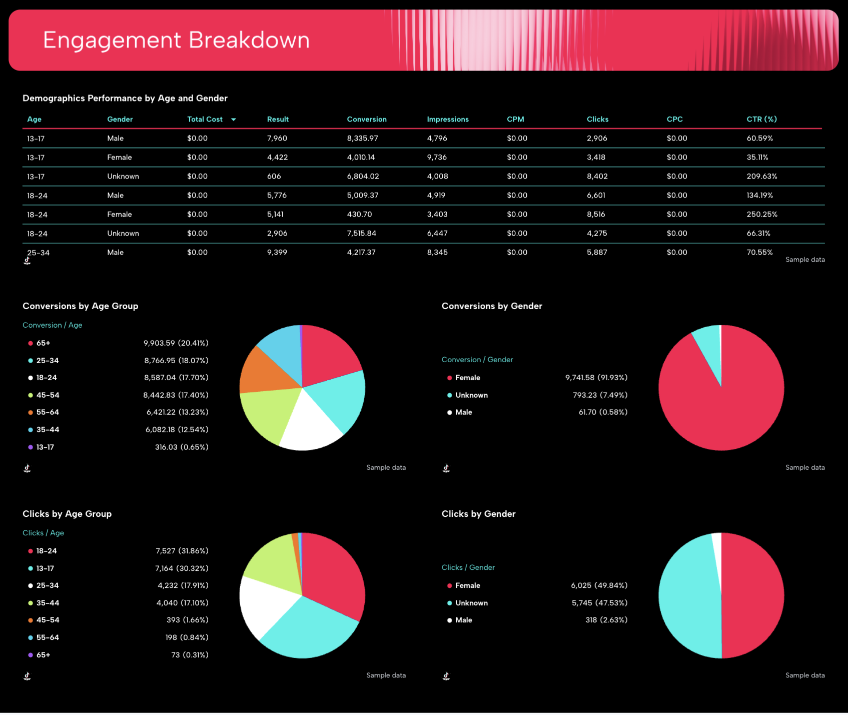 TikTok Ads Report Template - A dashboard displays engagement metrics with tables and pie charts.