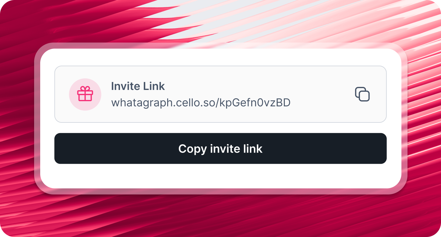 Unique Link - White pane with 'Invite Link', a URL, and a button to 'Copy invite link' on a pink background.