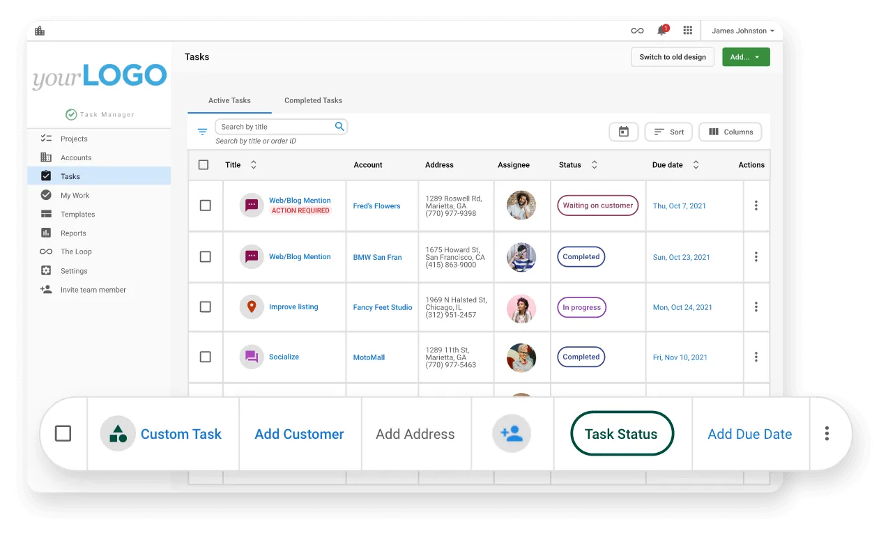 Vendasta Dashboard - Task management interface with a list of active tasks.