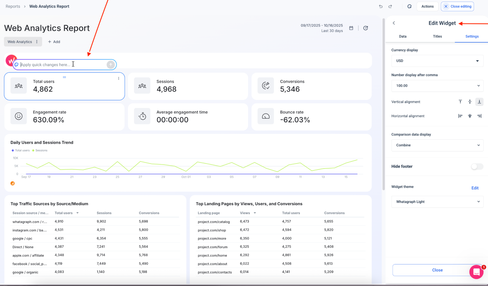 Web Analytics Report - Dashboard view of a web analytics report with charts and settings panel.
