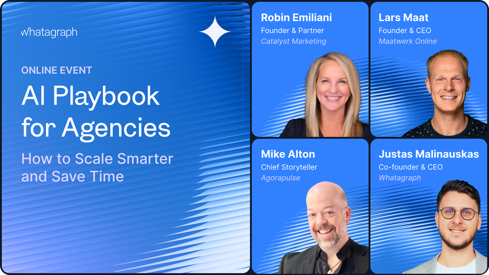 Webinar Cover AI - Online event advertisement featuring speakers and "AI Playbook for Agencies" title.