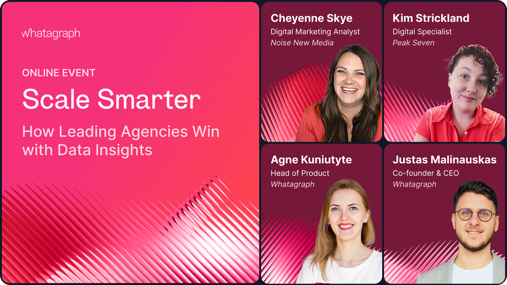Webinar Cover Scale - Marketing event ad with speakers' portraits on a pink background.