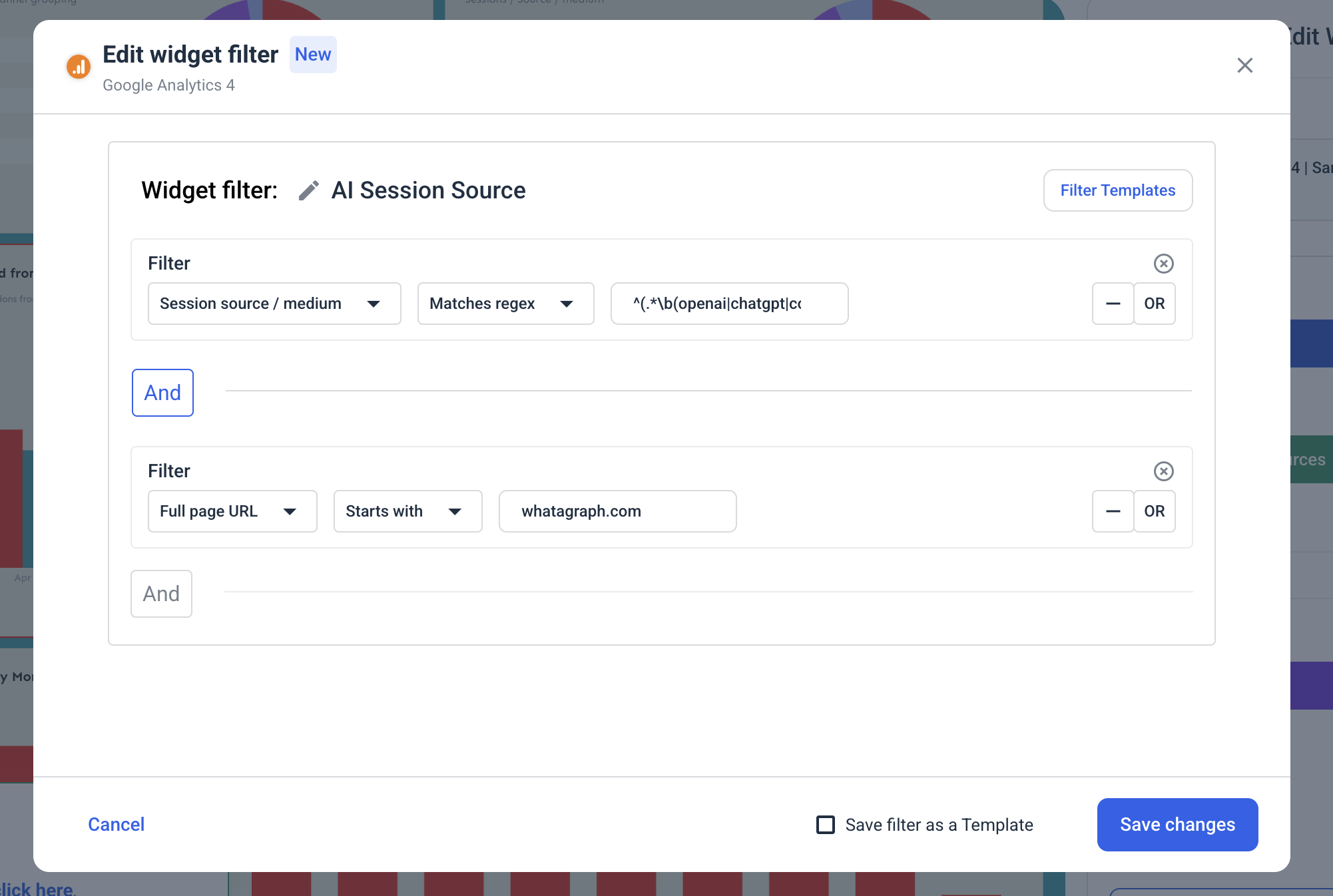 Website Traffic Web Analytics Dashboard Example - A widget filter configuration screen.