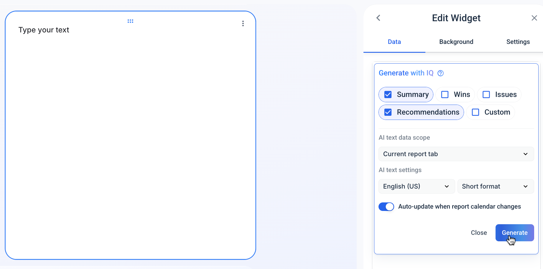 Whatagraph Ai Generated Summary - Edit Widget menu with AI options and a blank text box.