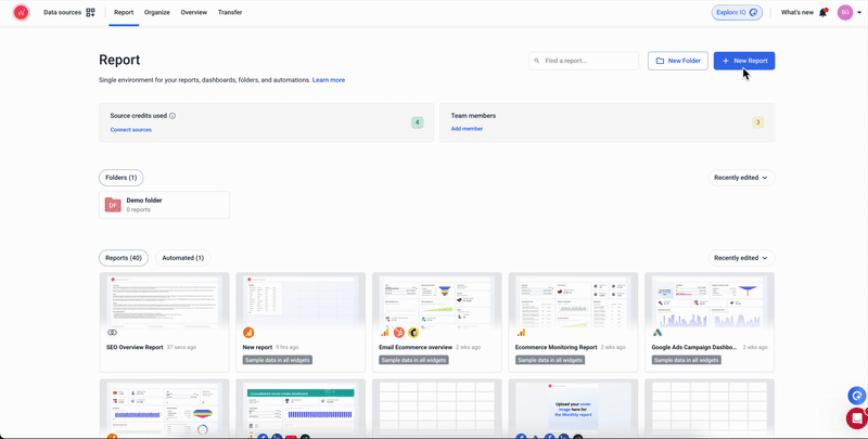 Whatagraph AI Powered Report Builder - Screenshot of a reporting dashboard with multiple reports.