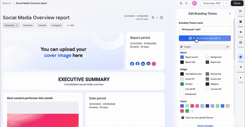 Whatagraph AI Theme Styling - Interface for customizing a report's branding theme.