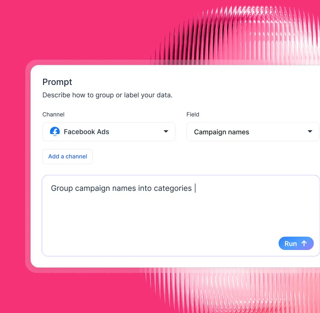 Whatagraph IQ Dimensions - Prompt to group and label data with Facebook Ads and campaign names.