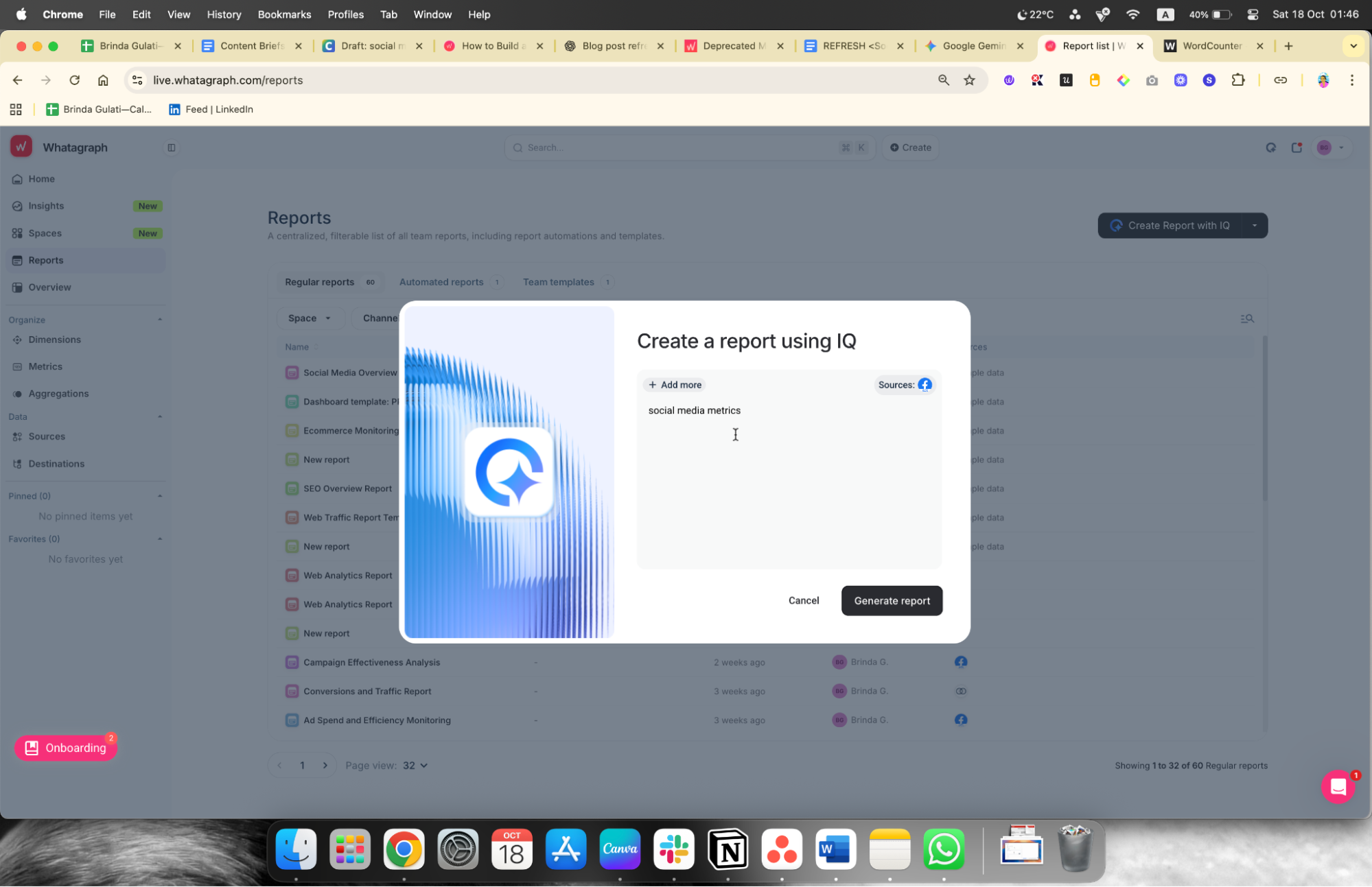 Whatagraph IQ for reports - A popup shows the creation of a new report using IQ.