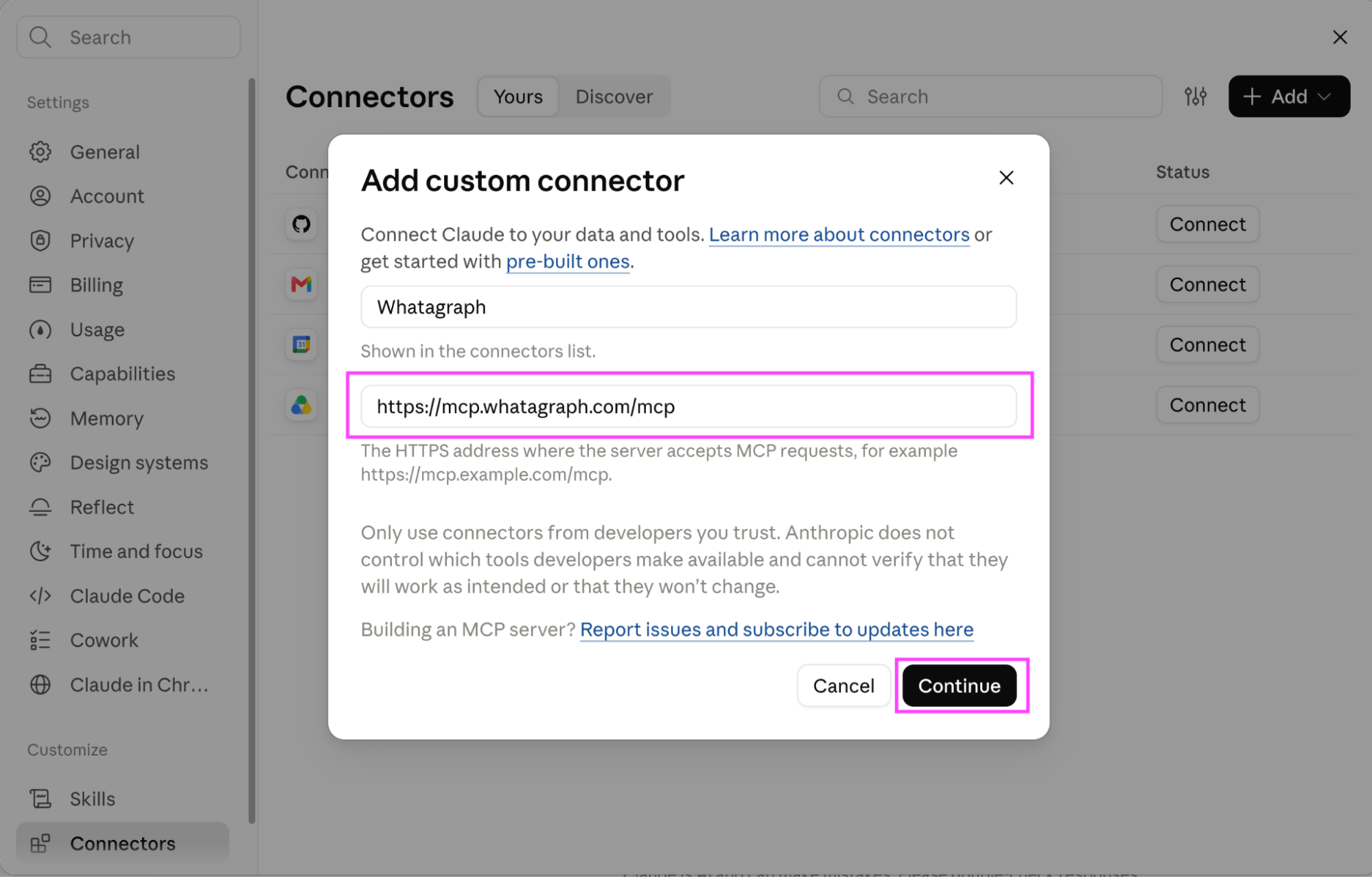 Whatagraph add custom connector feature