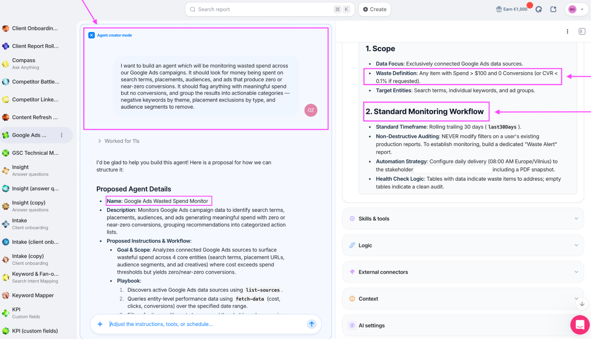 Whatagraph agent creator mode