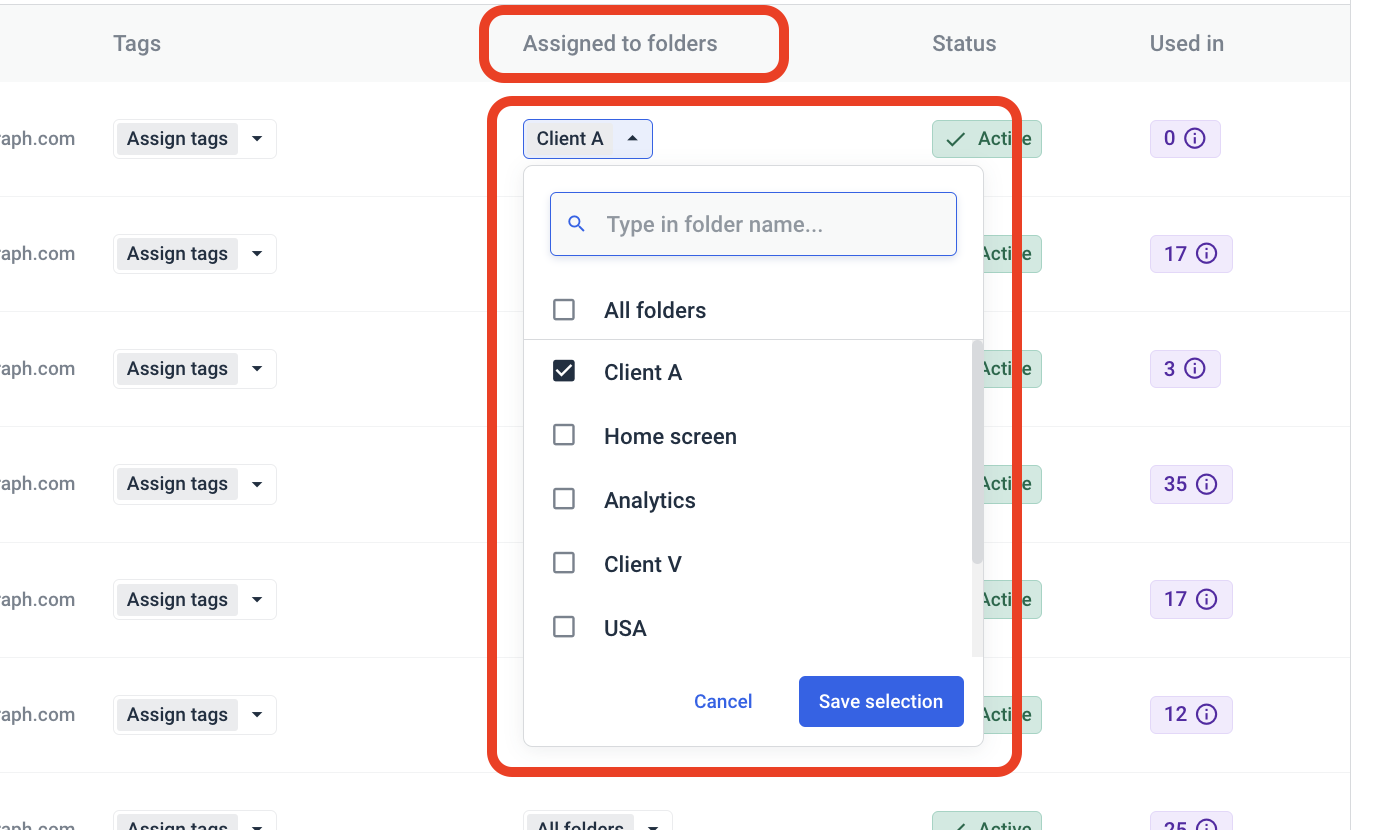 Whatagraph assign data sources to folders - Selection options to assign data sources to folders.