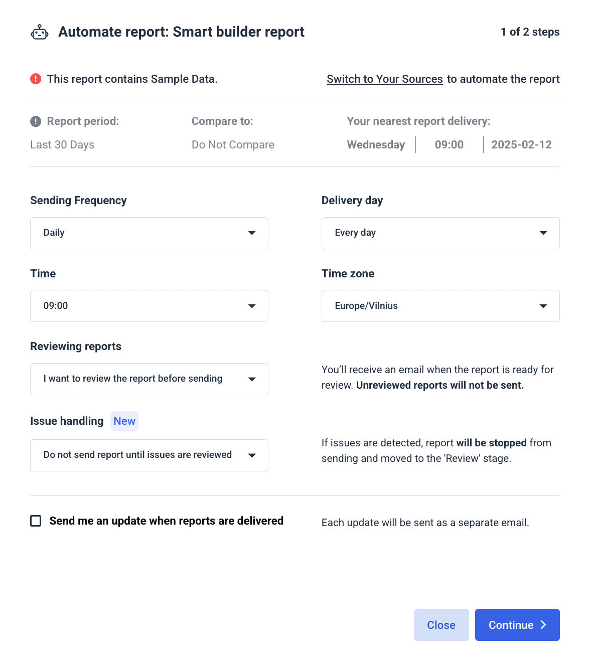 Whatagraph Automated Report Builder - Form with dropdowns and a checkbox.