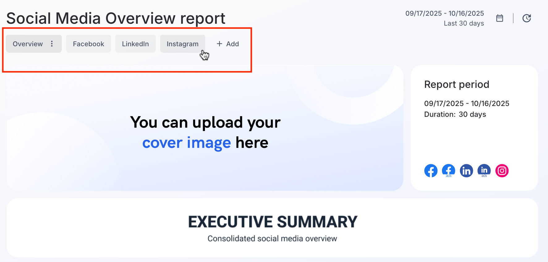 Whatagraph Channel Performance Feature - A dashboard interface with tabs for various social media platforms.