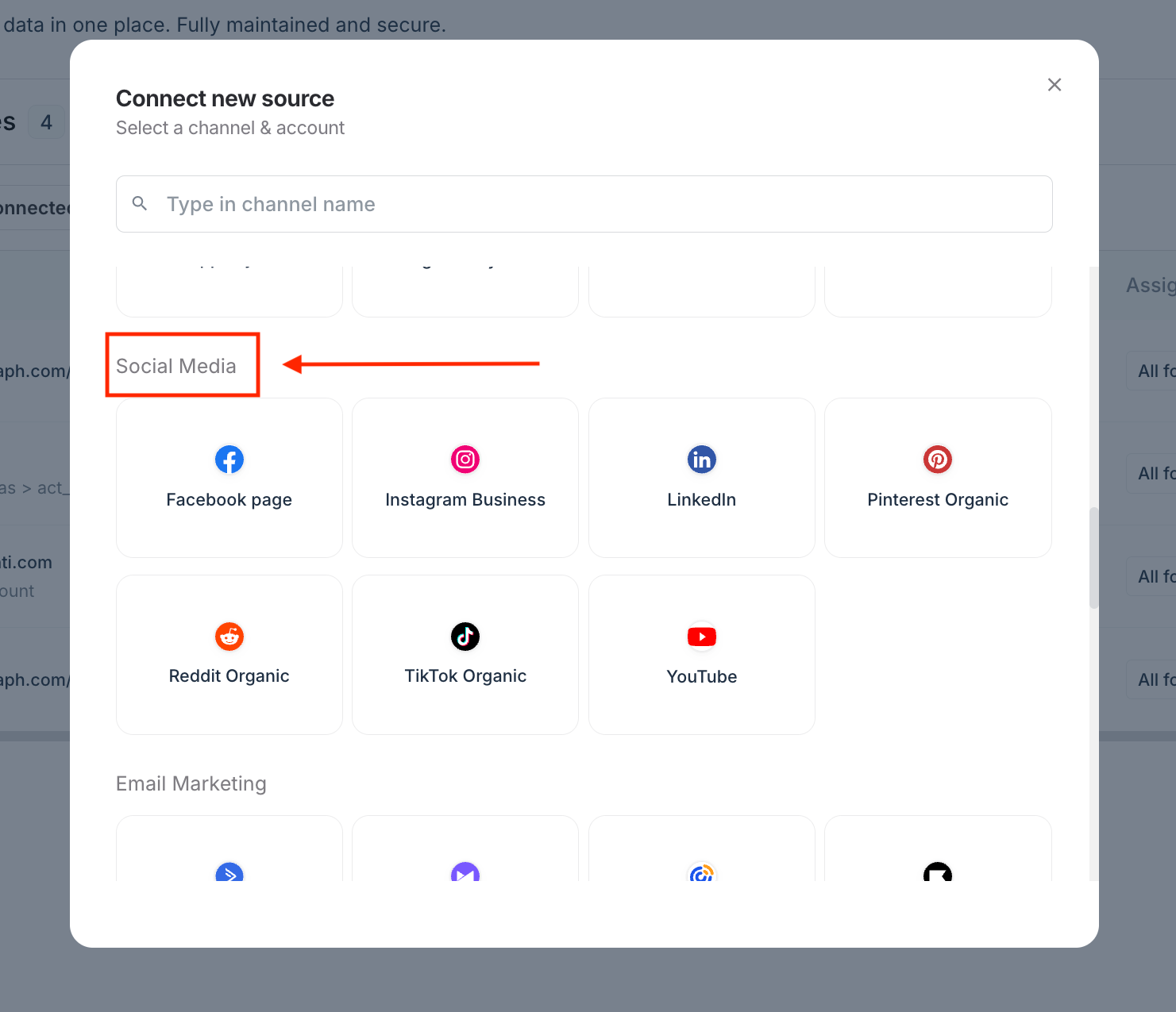 Whatagraph Connect Data Sources - A modal titled