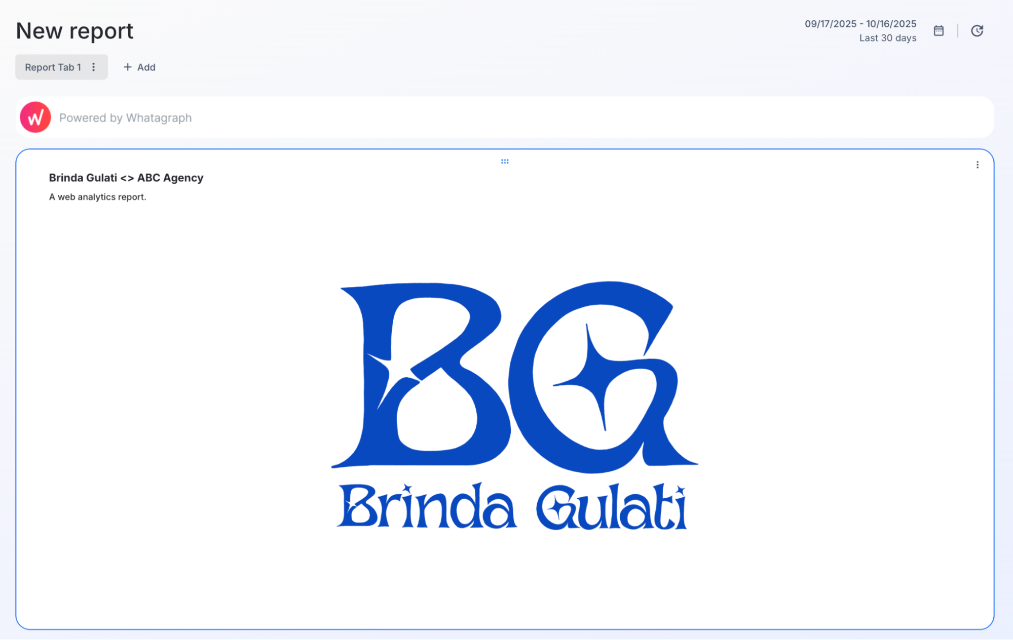 Whatagraph Custom Cover Page Design - Report interface with company logo, name, and report details.