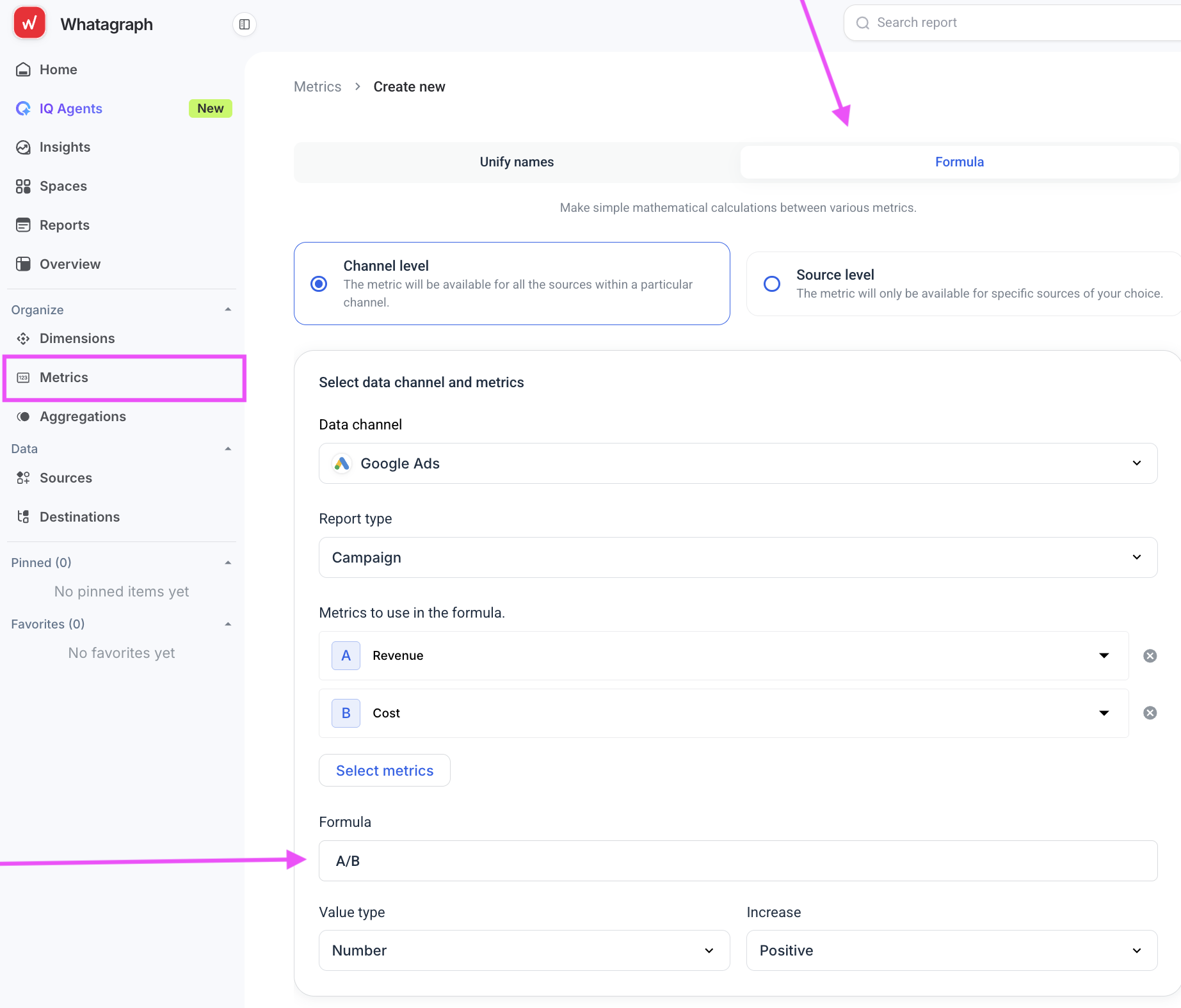 Whatagraph custom metrics feature.png