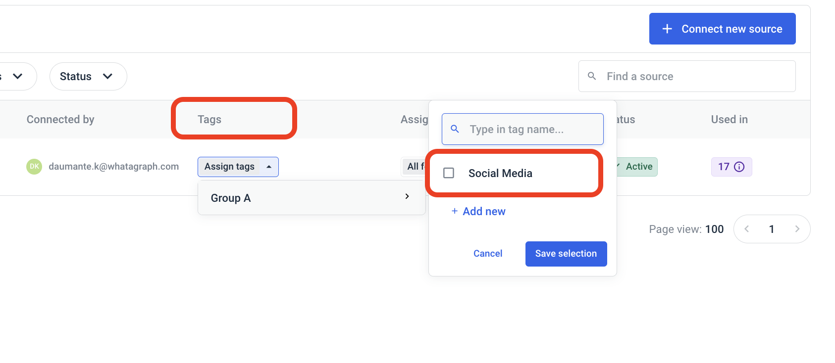 Whatagraph Custom Tags On Data Sources - Interface with table, tag selection dropdown.