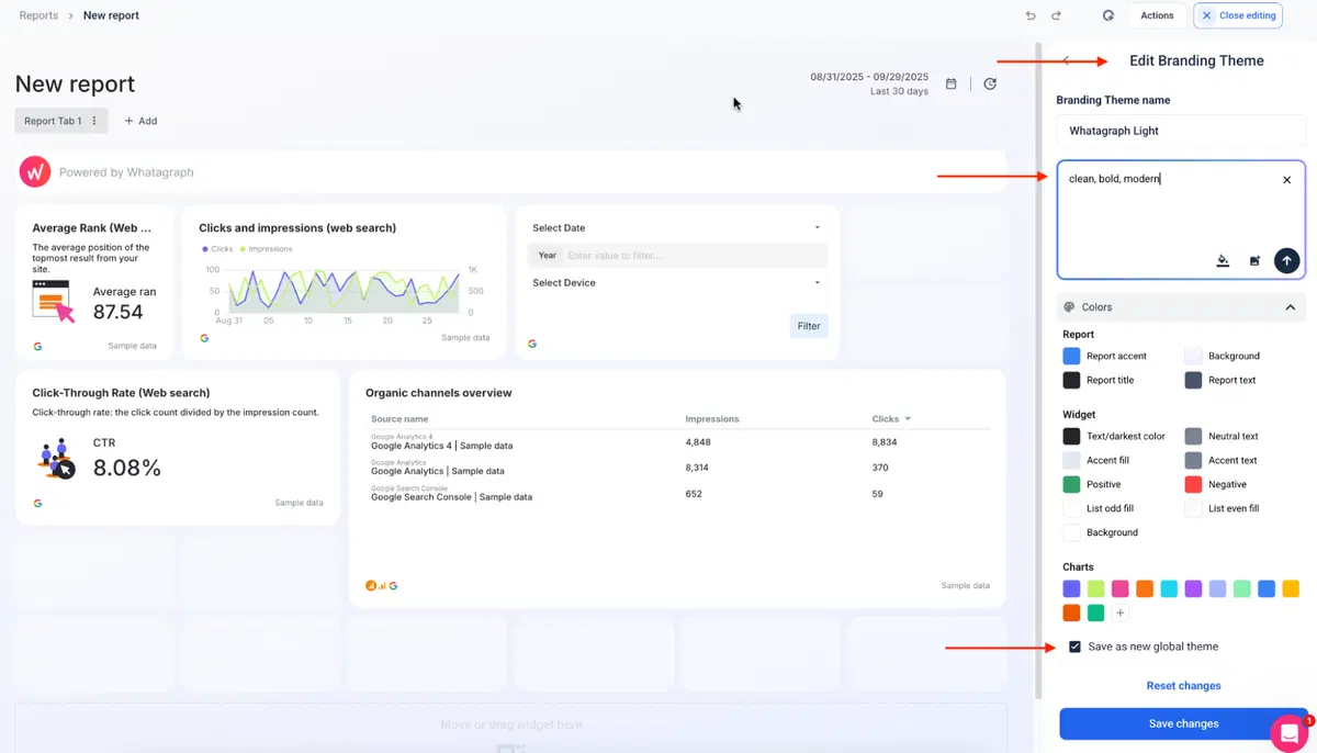 Whatagraph Customizable Dashboards and Reports - Dashboard for editing a brand theme, showing various reports and customization options.