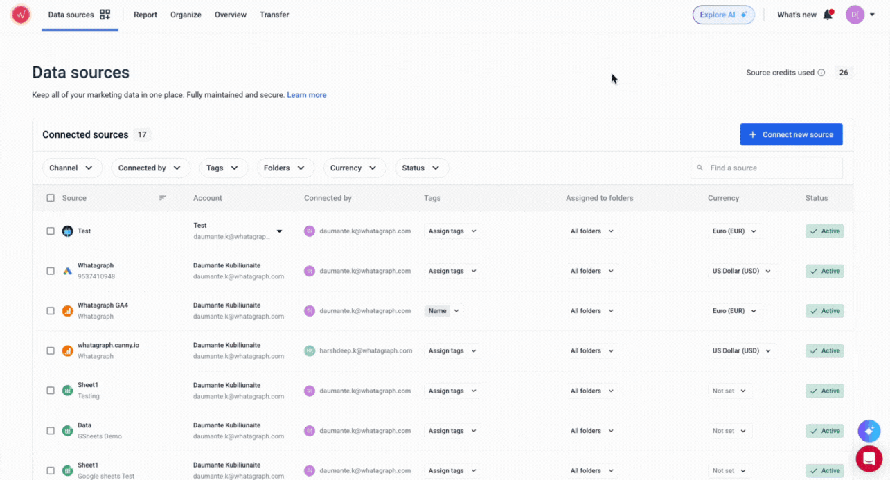 Whatagraph Data Sources - Dashboard view showing connected sources with filtering and status indicators.
