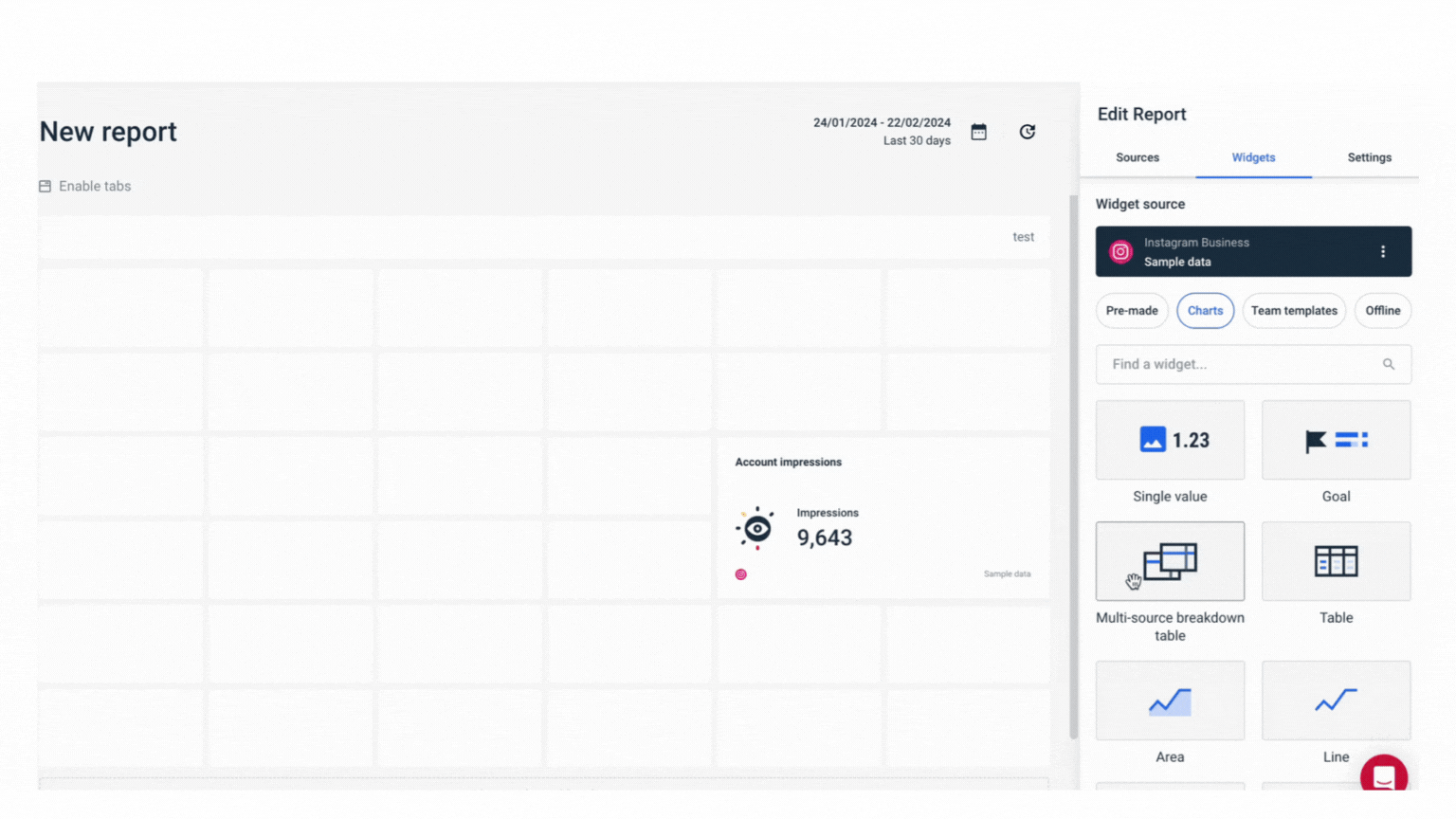 Whatagraph Drag And Drop Feature - Report builder interface with widgets and data visualization.