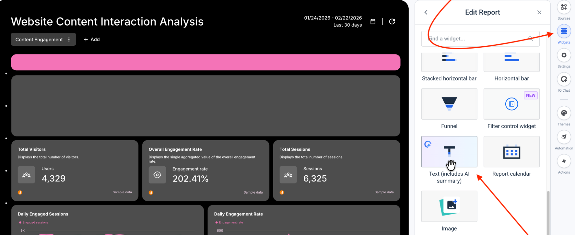 Whatagraph Enhance With IQ Feature - Dashboard for website analytics, showing report editing options.