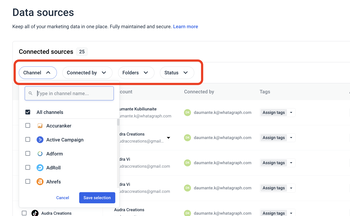 Whatagraph Filter Data Sources - Data sources filter dropdown with channel, folders, and status options.