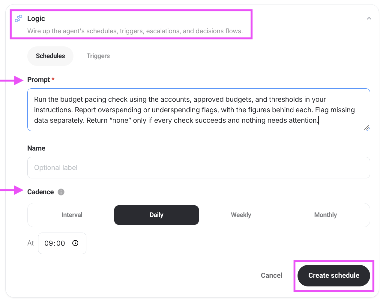 Whatagraph logic Schedules feature