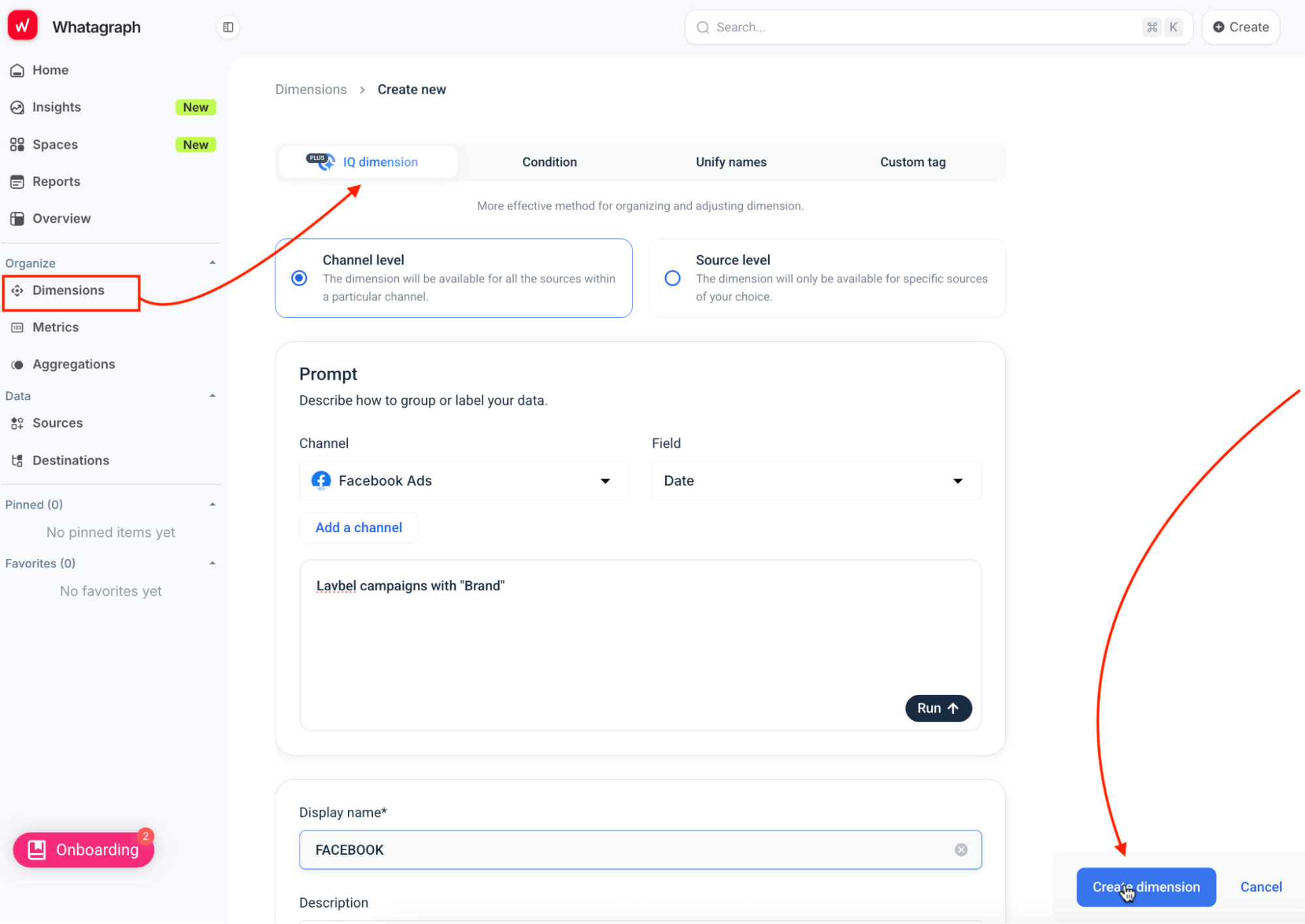 Whatagraph Metrics and Dimensions Feature - Whatagraph's interface with dimensions and settings for defining them.