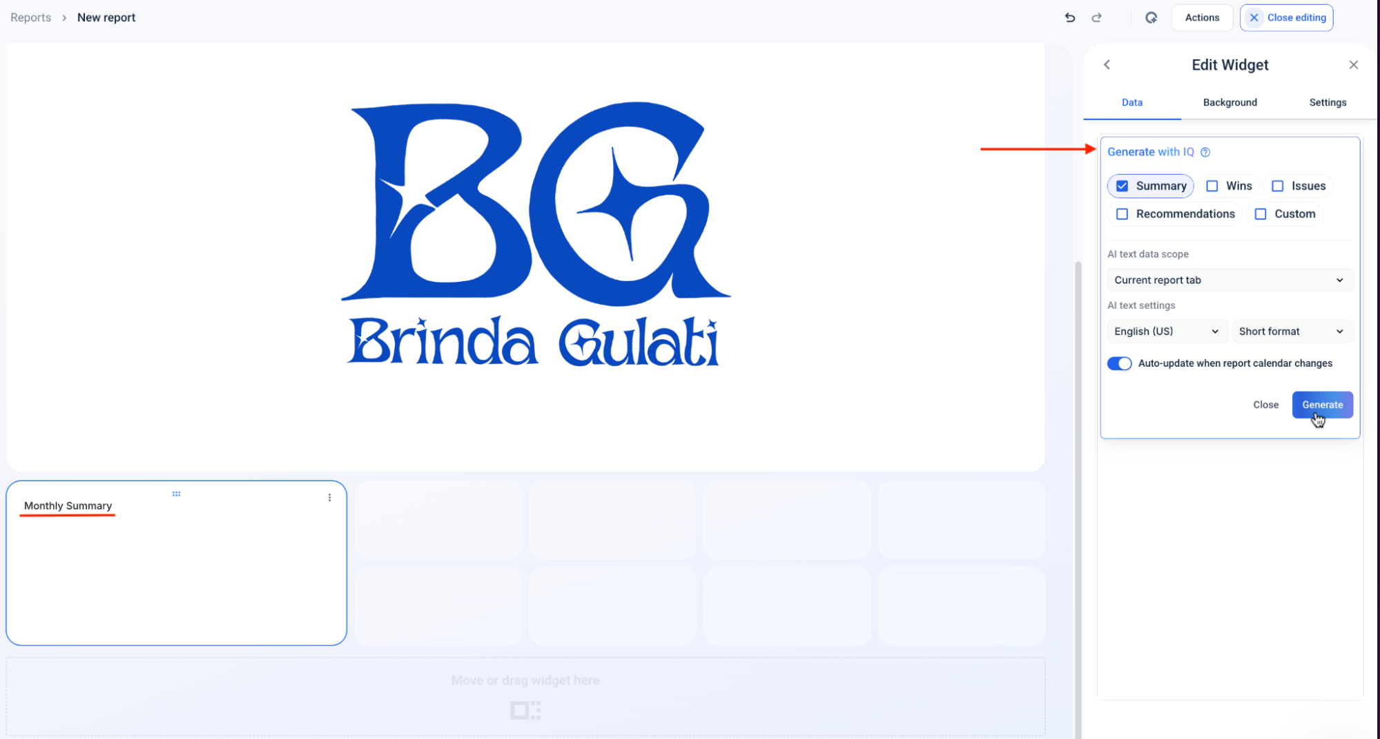 Whatagraph Monthly Summary Generate With IQ Feature - Edit widget panel with