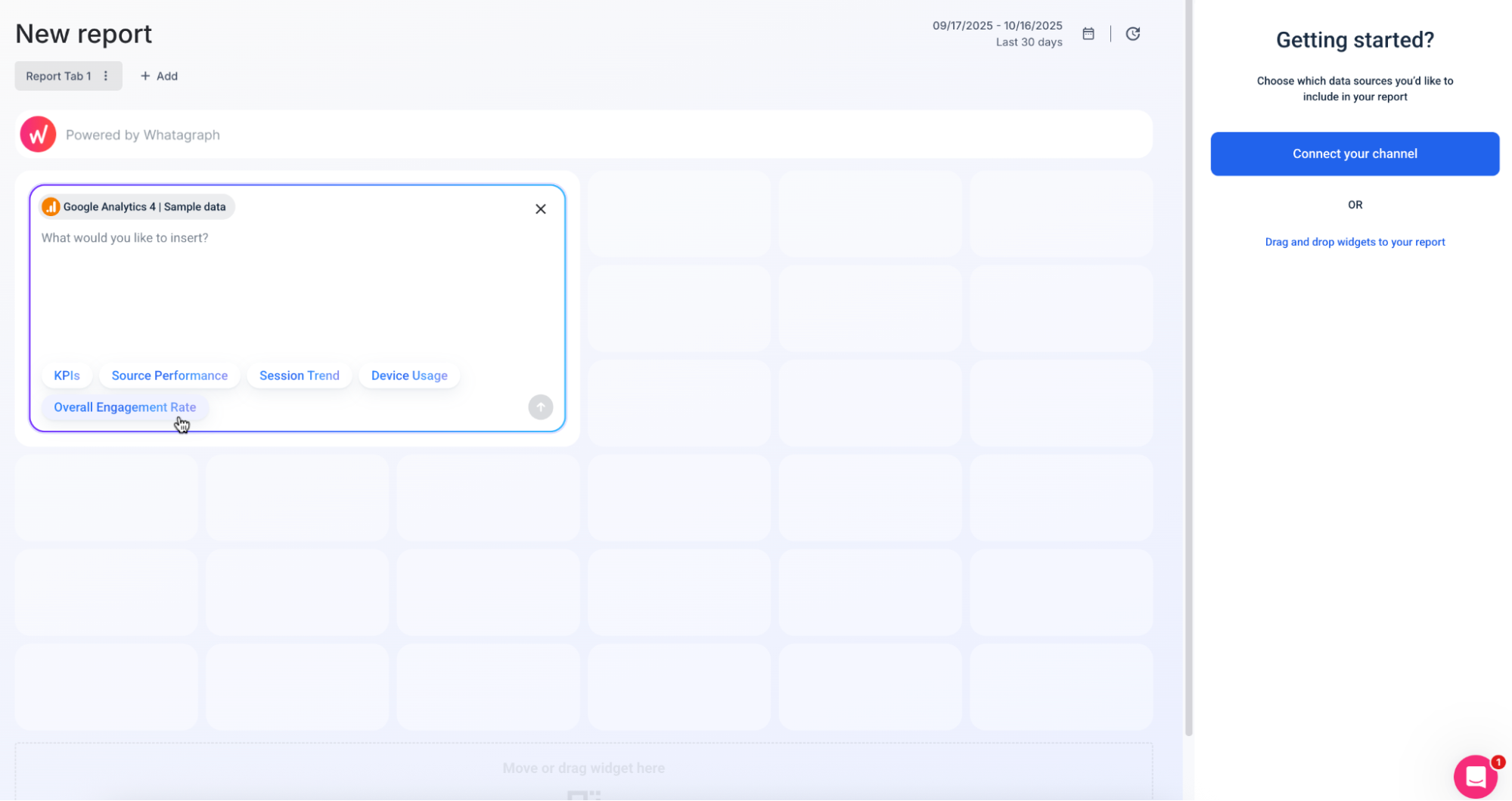 Whatagraph New Blank Report - Interface showing option to add Google Analytics data to report