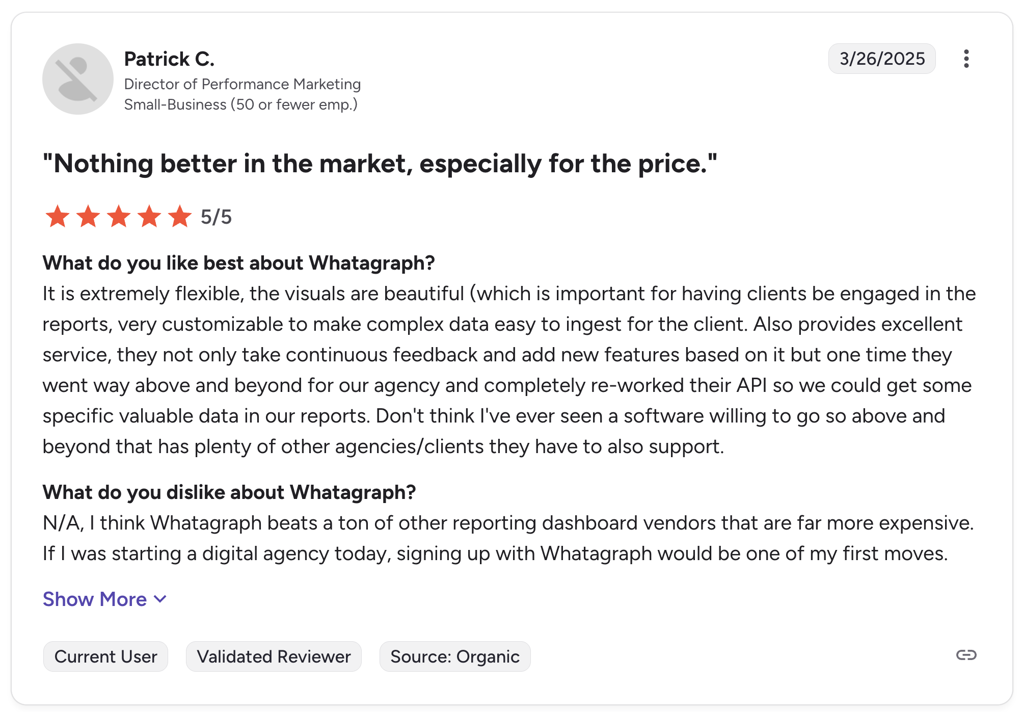 Whatagraph Positive Review - Customer review with 5/5 rating and positive comments.