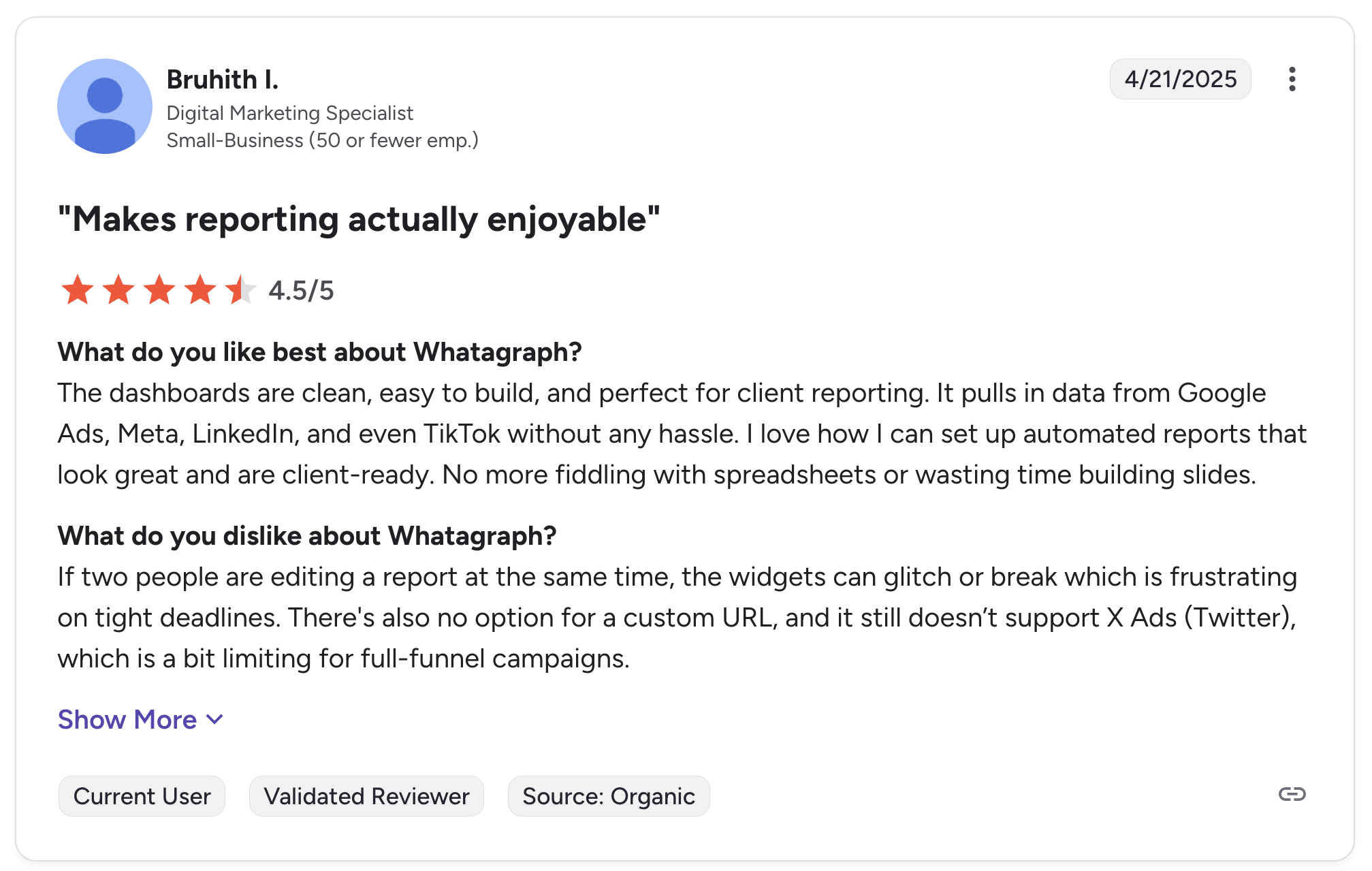 Whatagraph Positive Review - Customer review with star rating and detailed feedback.