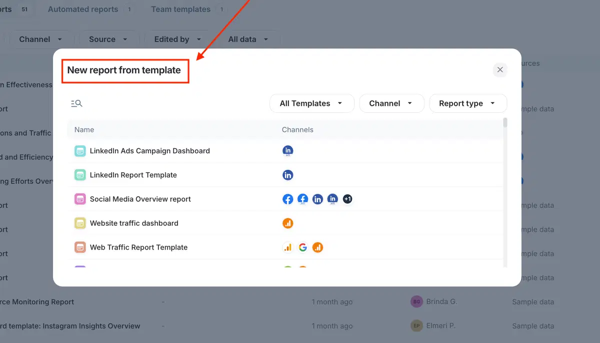 Whatagraph Ready Made Templates - Dialog box showing report template options with filters.