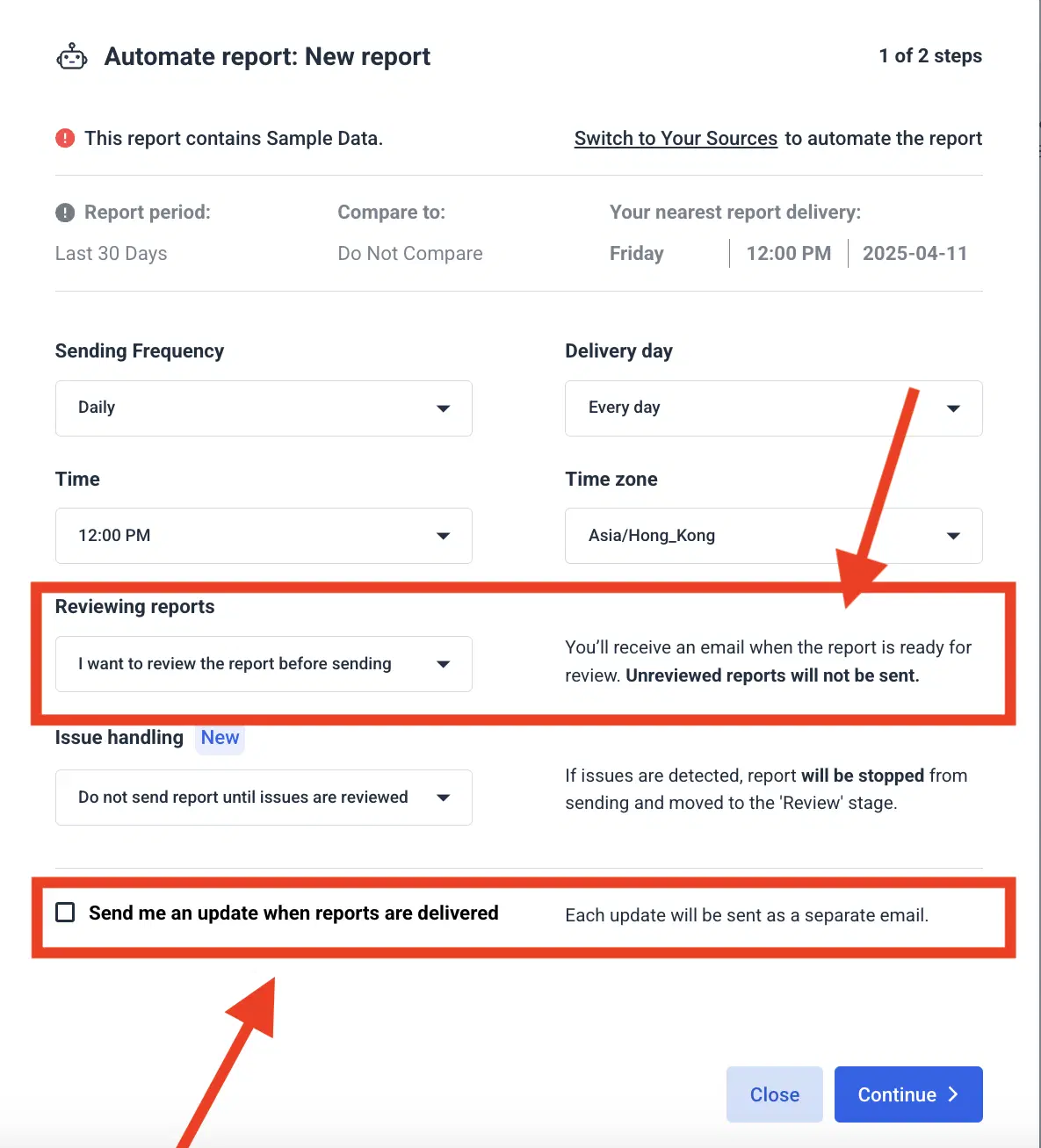 Whatagraph Report Automation - Form for setting up automated reports, including delivery schedule and review options.