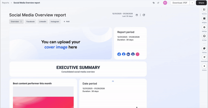 Whatagraph Report Branding Editor - Report editing interface, cover image upload and sharing options.