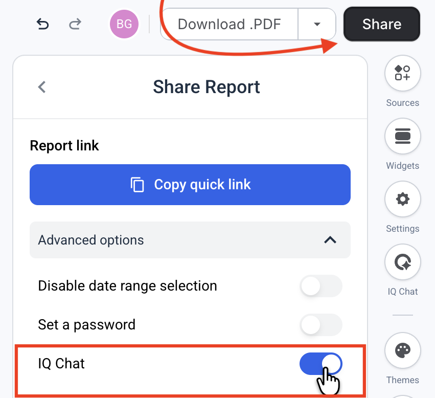 Whatagraph Report Share IQ Chat Feature - Report sharing options with IQ Chat enabled.