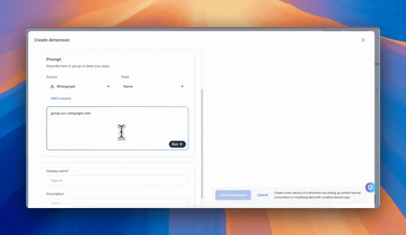 Whatagraph’s Organize Feature - A 'Create dimension' form on an interface.