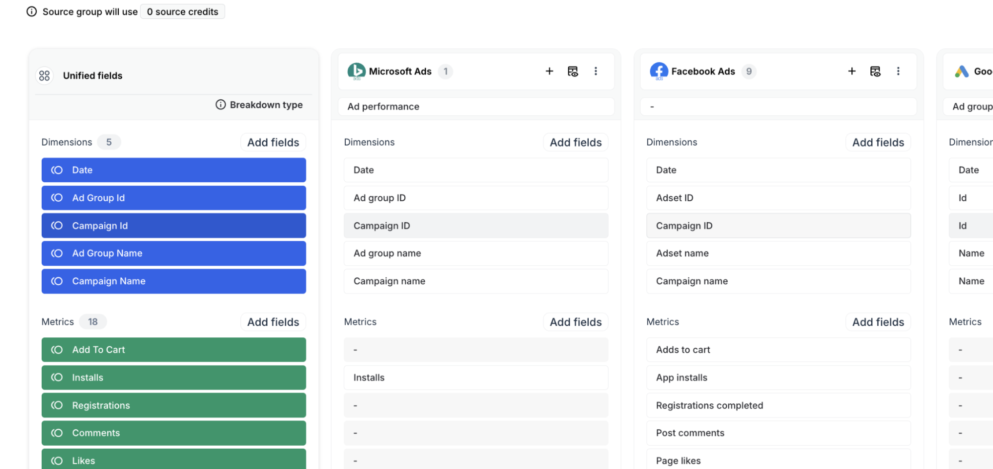 Whatagraph’s data hub, custom metrics