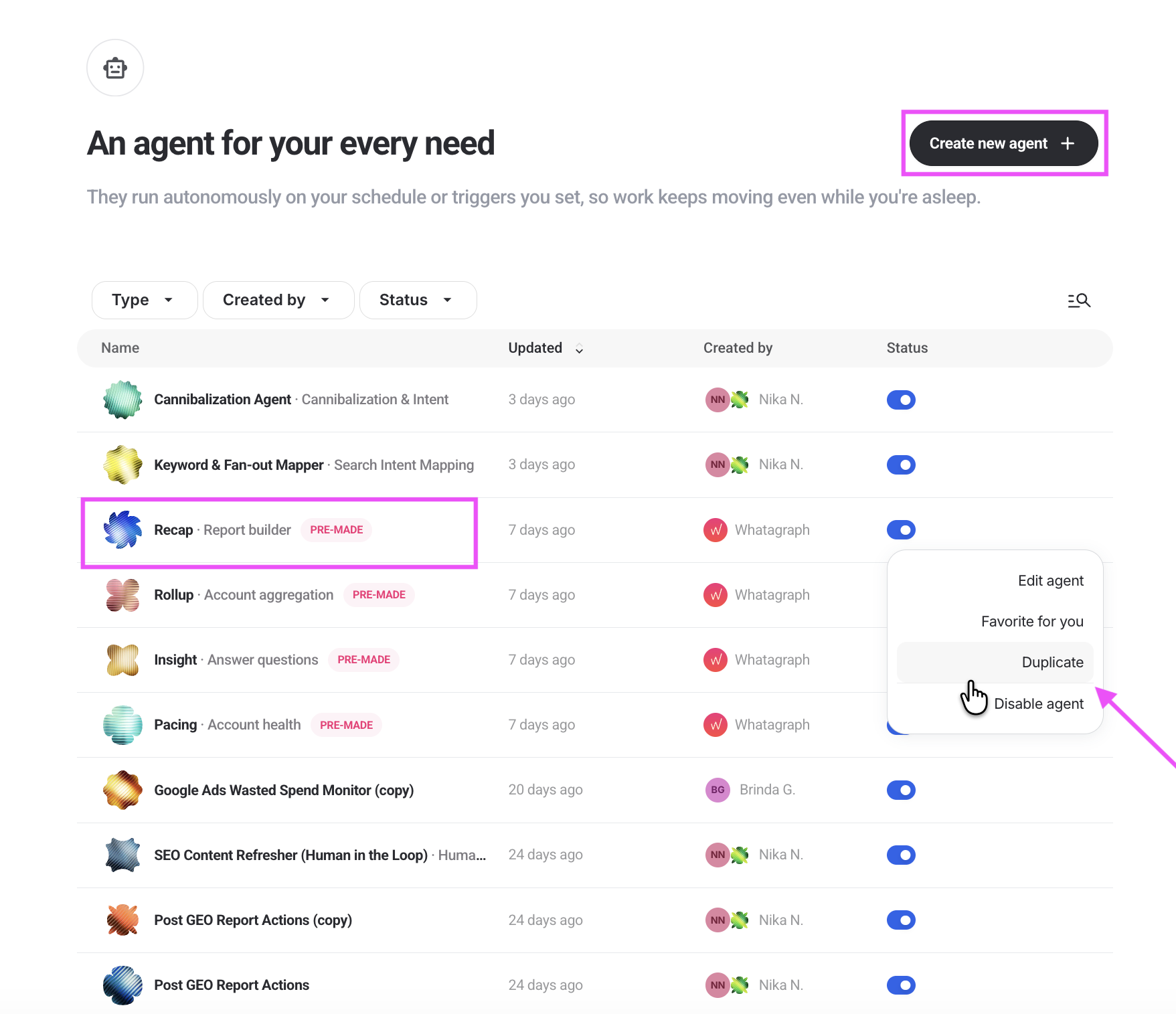 Whatagraph’s premade report-building agent