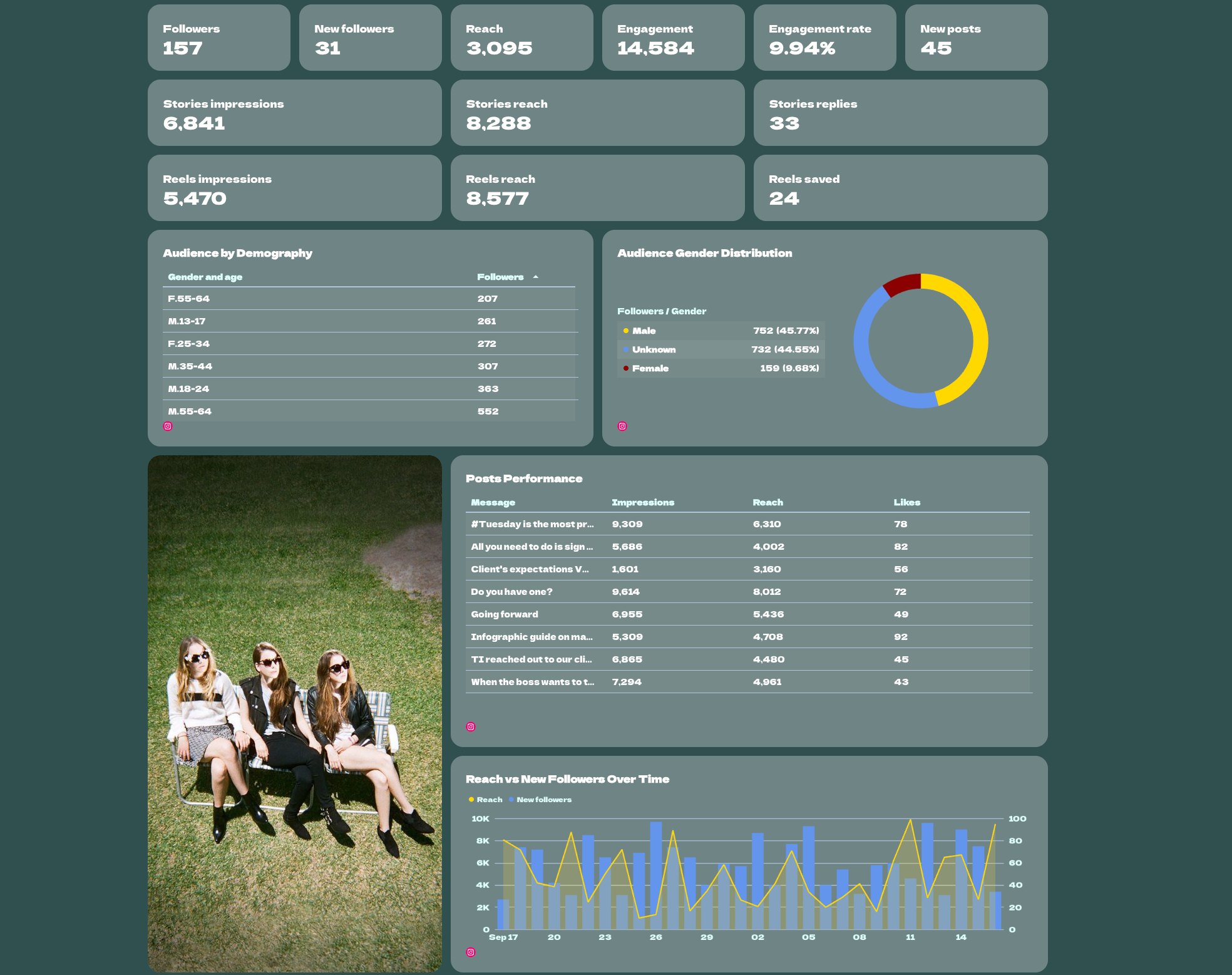 Whatagraph Social Media Report Template - A social media report with follower metrics and audience demographics.