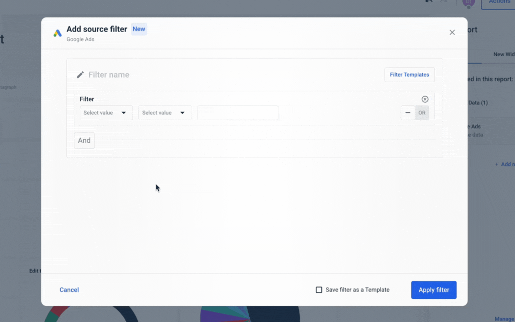 Whatagraph Source Filter - Dialog box for adding a source filter in Google Ads.