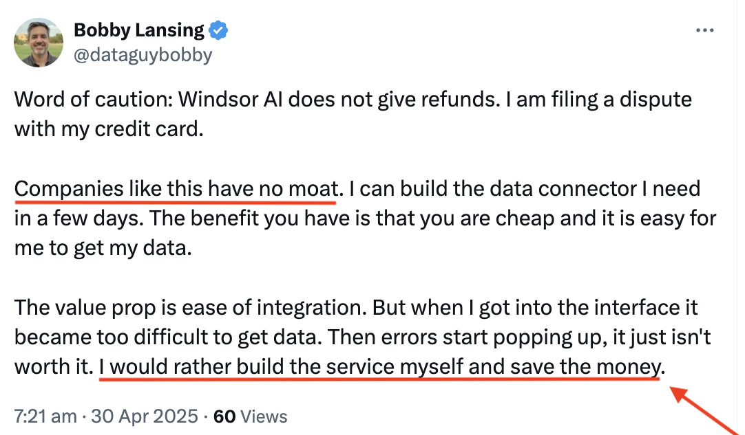 Windsor AI X Post - A tweet about Windsor AI, with underlined negative feedback.