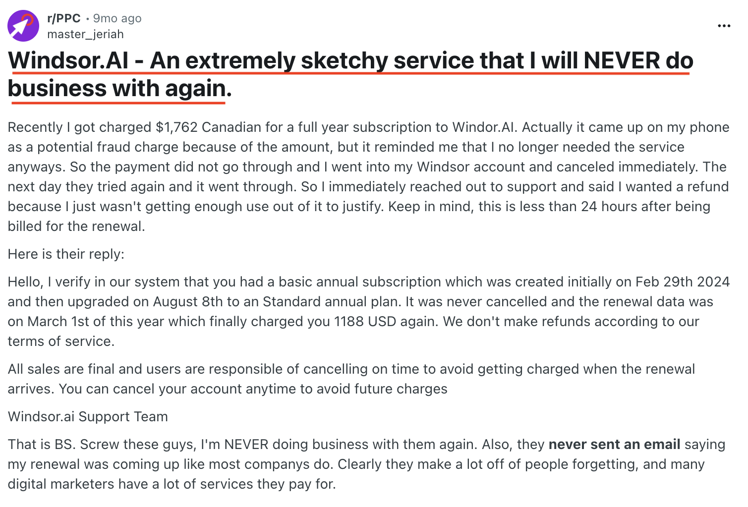 Windsor Ai Con - A screenshot of a negative review about a company.